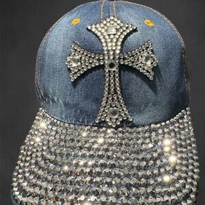 Denim Cap with Rhinestone Cross
